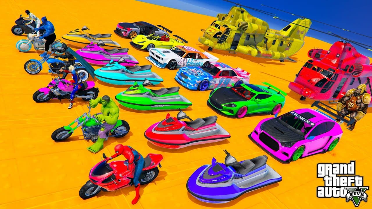 GTA V Awesome Double Mega Ramps by Sport Cars, Jet Skis & Motorcycles with Spiderman & Superherors
